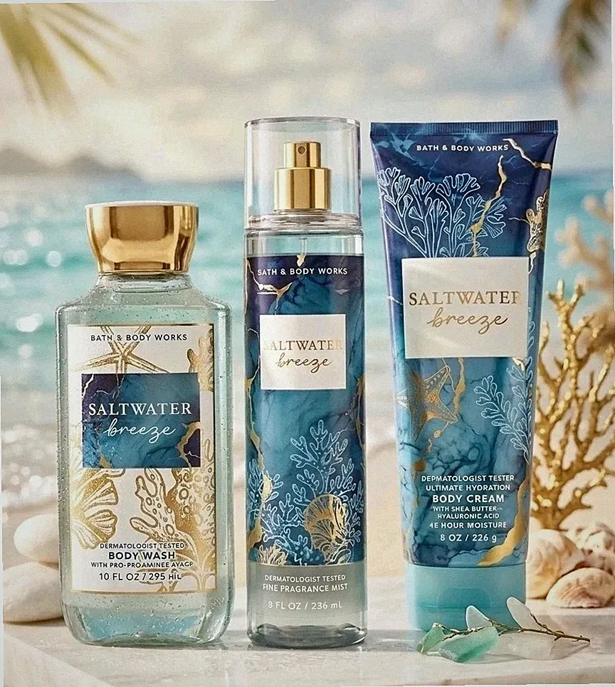 Bath & Body Works SALTWATER BREEZE Body Wash Body Cream Fragrance Mist Gift Set