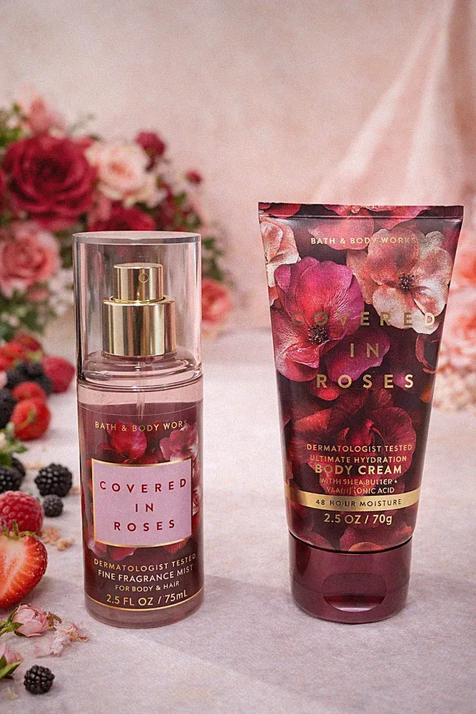 NEW Bath & Body Works COVERED IN ROSES Travel Fragrance Mist + Body Cream SET